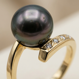 Anillo - Perlas Cultivadas de Tahití - Redonda Diámetro 8-9 mm - Joyería Mujer - Oro Blanco - Diamantes