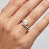 Anillo- Perlas Cultivadas - Redondas 8-9 mm Blanco- Oro Blanco- Diamantes