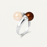 Anillo - Perlas Cultivadas de Agua Dulce - Redondas Diámetro 8-9 mm Rosa y Chocolate - Talla 48 (UE) - Plata de Ley 925