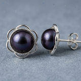 Pendientes- Perlas de Tahití Negras Cultivadas en Flor- Plata