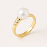 Anillo- Perlas Cultivadas - Diámetro 8-9 mm Blanco- Oro Amarillo- Diamantes
