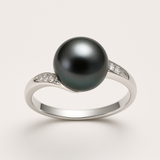 Anillo - Perlas Cultivadas de Tahití - Redonda Diámetro 8-9 mm - Joyería Mujer - Oro Blanco - Diamantes