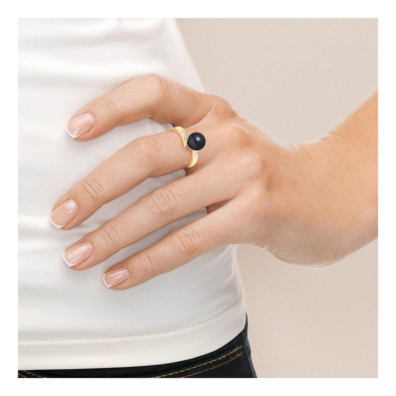 Anillo de oro amarillo y perla negra de Tahití - Main Image