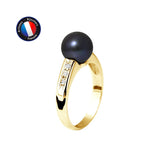 Anillo de oro amarillo y perlas cultivadas negras adornado con diamantes