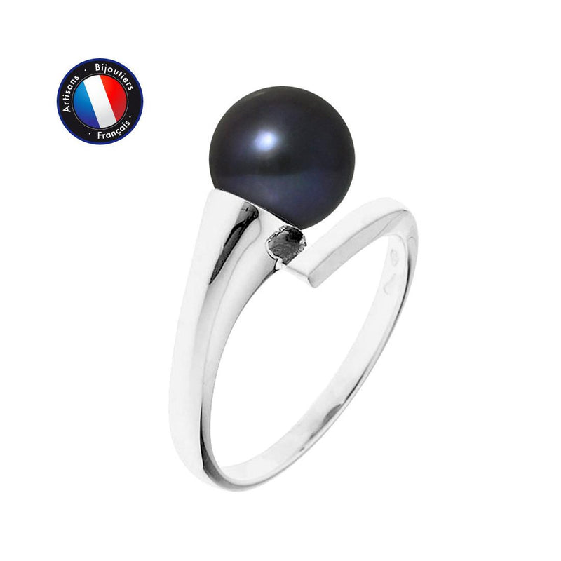 Anillo- Perlas Cultivadas- Redondas 8-9 mm Negras Tahití- Oro Blanco