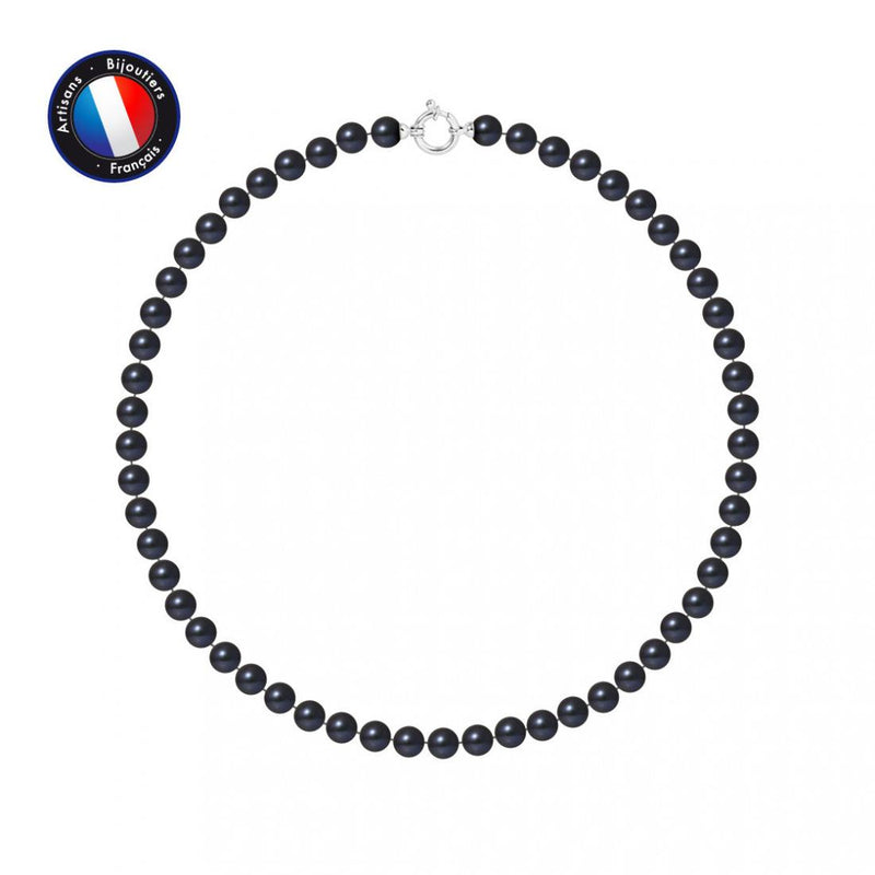 Collar- Perlas Cultivadas de Agua Dulce Redondas 7-8 mm Tahití Negras- Joyería para Mujer- Oro Blanco