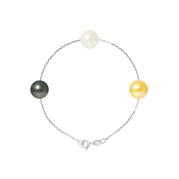 Pulsera de Plata con Perlas Cultivadas de Tahití y Perla de Agua Dulce Blanca/Oro - Diámetro 9-10 mm