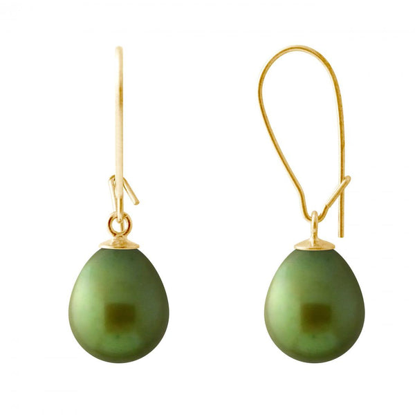 Pendientes - Perlas Cultivadas de Agua Dulce - Diámetro Pera 9-10 mm Verde Intenso - Joyería Mujer - Oro Amarillo