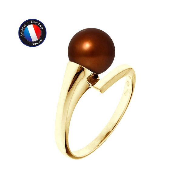 Anillo- Perlas Cultivadas de Agua Dulce- Redonda Diámetro 8-9 mm Chocolate- Talla 48 (EU)- Oro Amarillo