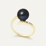 Anillo- Perlas Cultivadas de Agua Dulce- Redonda Diámetro 8-9 mm Negro Tahití- Oro Amarillo- Diamantes