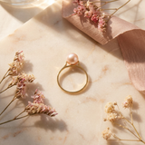 Anillo- Perlas Cultivadas de Agua Dulce- Redonda Diámetro 7-8 mm Rosa- Talla 48 (EU)- Oro Amarillo
