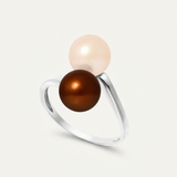 Anillo- Perlas Cultivadas de Agua Dulce- Redondo Diámetro 7-8 mm Rosa y Chocolate- Talla 48 (EU)- Oro Blanco