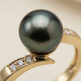 Anillo - Perlas Cultivadas de Tahití - Redonda Diámetro 8-9 mm - Joyería Mujer - Oro Amarillo - Diamantes