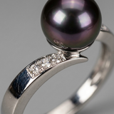 Anillo - Perlas Cultivadas de Tahití - Redonda Diámetro 8-9 mm - Joyería Mujer - Oro Blanco - Diamantes