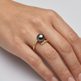 Anillo - Perlas Cultivadas de Tahití - Redonda Diámetro 8-9 mm - Joyería Mujer - Oro Blanco - Diamantes