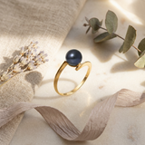 Anillo- Perlas Cultivadas de Agua Dulce- Redonda Diámetro 7-8 mm Negro Tahití- Talla 48 (EU)- Oro Amarillo