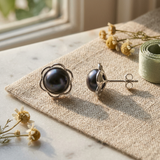 Pendientes- Perlas de Tahití Negras Cultivadas en Flor- Plata