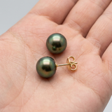 Pendientes - Perlas Cultivadas de Agua Dulce - Diámetro Botón 9-10 mm Verde Intenso - Joyería Mujer - Oro Amarillo