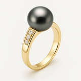 Anillo- Perlas de Tahití- Redondas 8-9 mm- Oro amarillo- Diamantes
