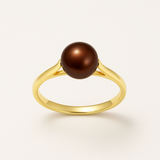 Anillo- Perlas Cultivadas de Agua Dulce- Redondo Diámetro 7-8 mm Chocolate- Talla 48 (EU)- Oro Amarillo