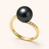 Anillo- Perlas Cultivadas de Agua Dulce- Redonda Diámetro 8-9 mm Negro Tahití- Oro Amarillo- Diamantes