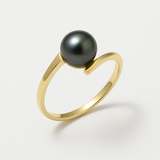 Anillo- Perlas Cultivadas de Agua Dulce- Redonda Diámetro 7-8 mm Negro Tahití- Talla 48 (EU)- Oro Amarillo