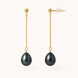 Pendientes- Perlas Cultivadas- Pera 7-8 mm Negro Tahití-Oro Amarillo