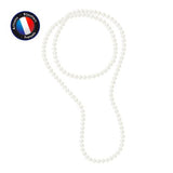 Sautoir en perles de culture blanches 9/10mm monté sur argent 925, présenté déplié.